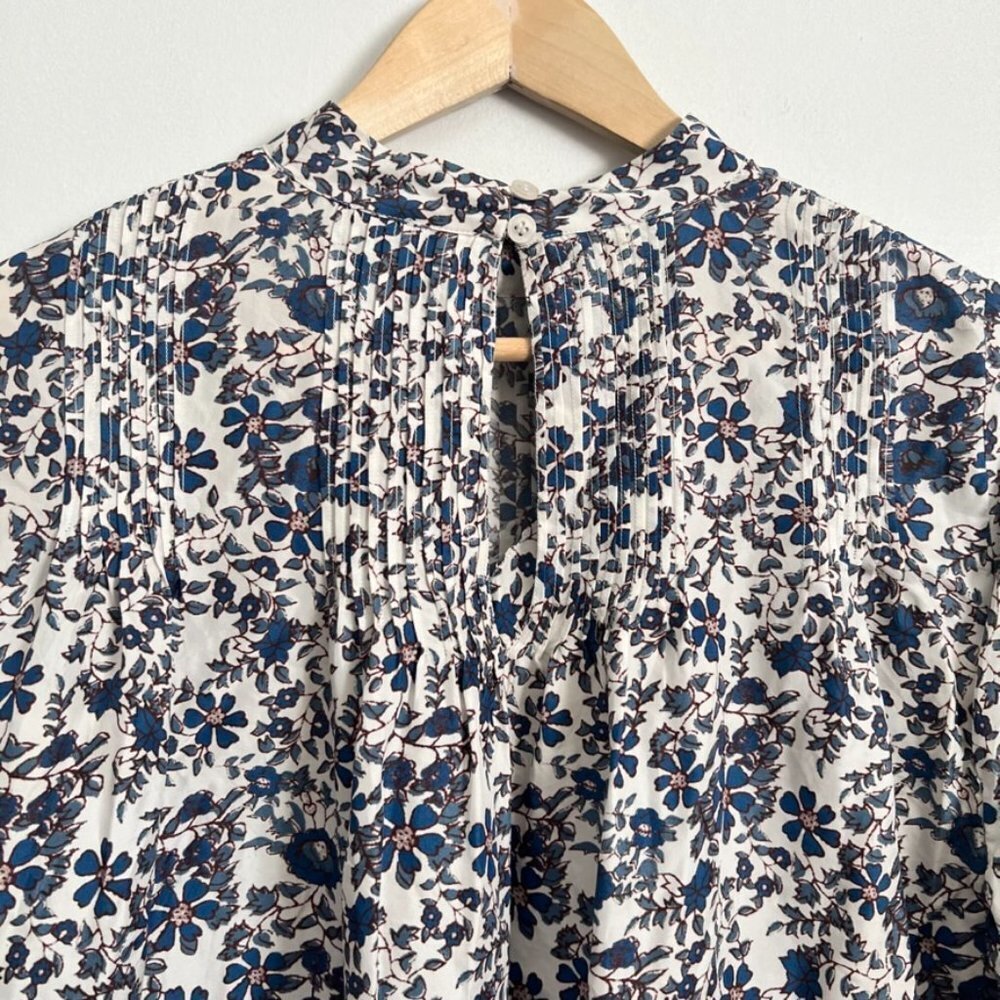 Apiece Apart Sez Pinktuck Silk Floral Print Long Sleeve Blouse White and Blue - Picture 6 of 9